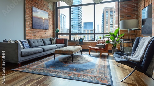 A modern living room with a large blue rug, gray couch, and brown leather chair. photo
