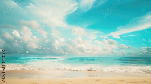 A serene view of the ocean's waves crashing against the shore, with sandy dunes and a calm atmosphere