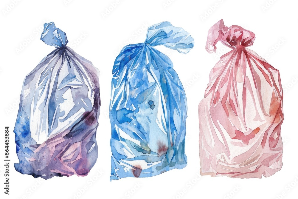 Three plastic bags stacked neatly on a clean white background, useful for still life photography or product presentation Three plastic bags stacked neatly on a clean white background, useful for still life photography or product presentation