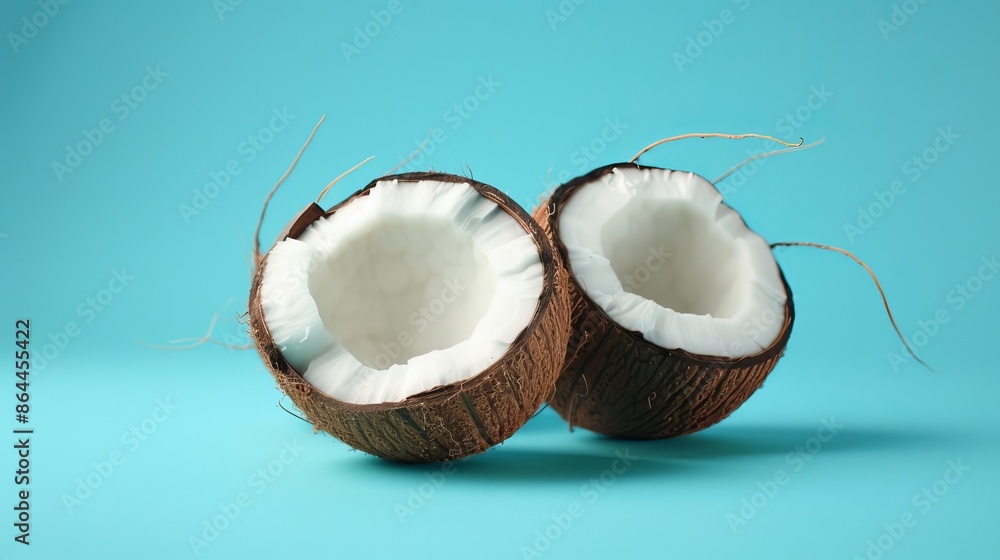 Two halves of a coconut on a blue background Two halves of a coconut on a blue background