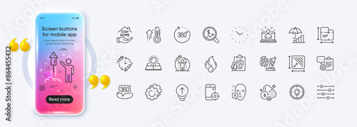 Currency audit, Settings gears and Thiamine vitamin line icons for web app. Phone mockup gradient screen. Pack of Best manager, 360 degree, Stay home pictogram icons. Vector