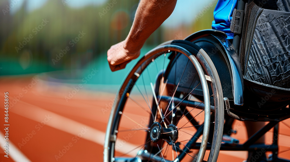 Naklejka premium Close-up of a male Paralympian in a wheelchair on a track, the focus is on the hand holding the wheel and leg close to the camera.