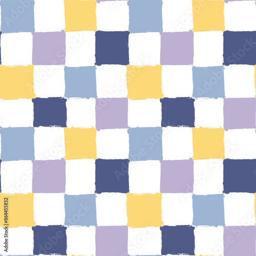 Checkered Pattern. Seamless background with painted checks. Colorful textured checkerboard print. Brush strokes squares backdrop. Chessboard wallpaper. White, yellow, purple and blue repeated tiles