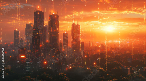 Futuristic city with neon lights illuminating skyscrapers and buildings in a city illuminated by an orange sunset light.