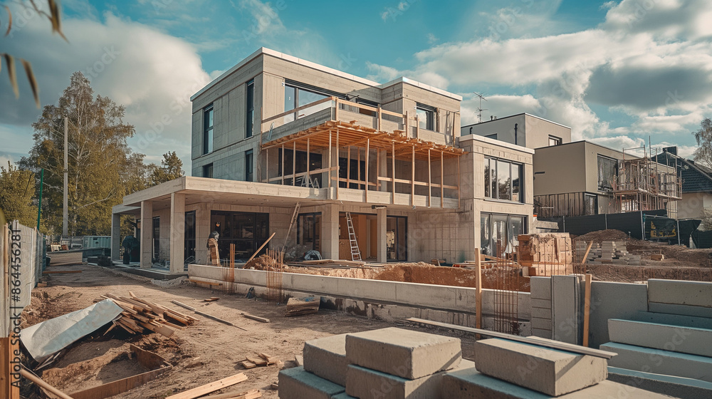 Obraz premium Construction residential new house with prefabrication system in progress at building site