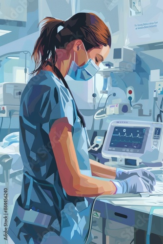 Nurse providing care in a healthcare facility, wearing scrubs and a face mask, checking the vital signs of a patient using medical equipment. Clean and organized patient room