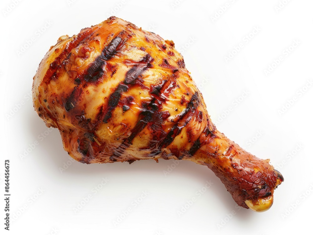 Tasty grilled chicken leg on white background, top view. BBQ food Tasty grilled chicken leg on white background, top view. BBQ food