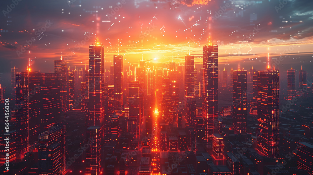 Fototapeta premium Futuristic city with neon lights illuminated by the orange light of a sunset.
