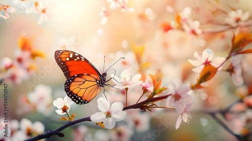 A butterfly landing on a blooming cherry branch © Muhammad