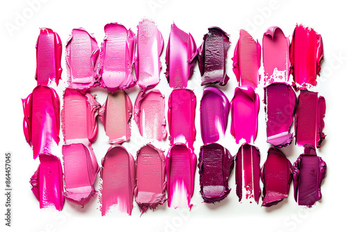 A vibrant palette of various shades of pink and purple lipstick in a grid