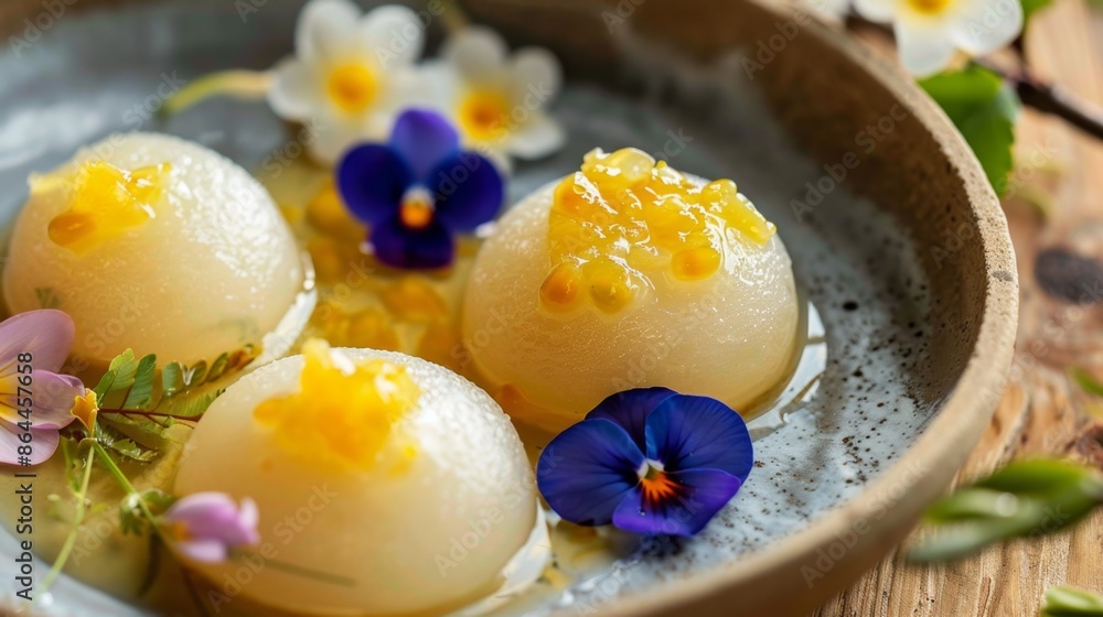 Mochi with passion fruit glaze and edible flowers