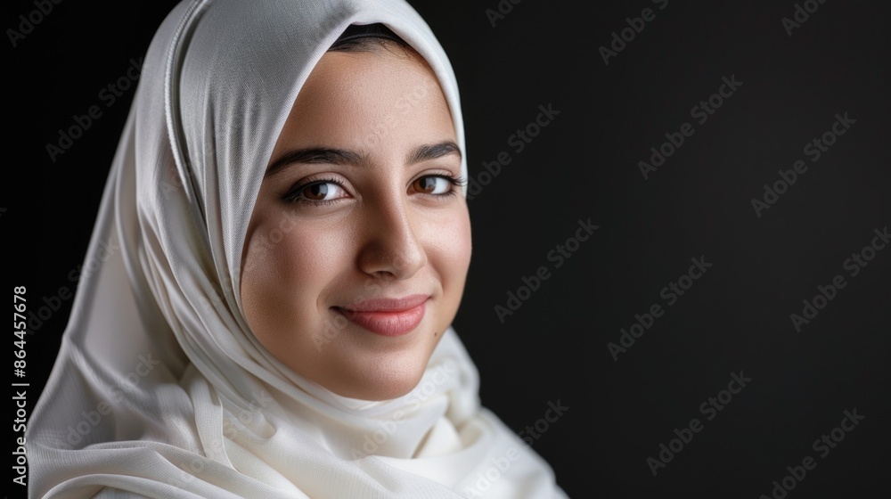 A woman wearing a white headscarf smiles directly at the camera A woman wearing a white headscarf smiles directly at the camera