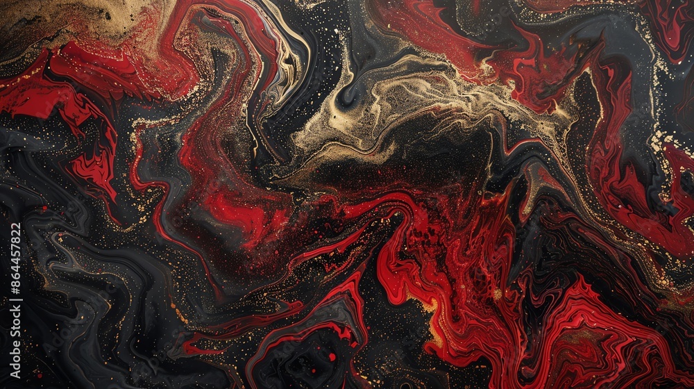 Obraz premium Abstract Acrylic Painting in Red, Black, and Gold. Fluid Art Background with Swirls and Texture