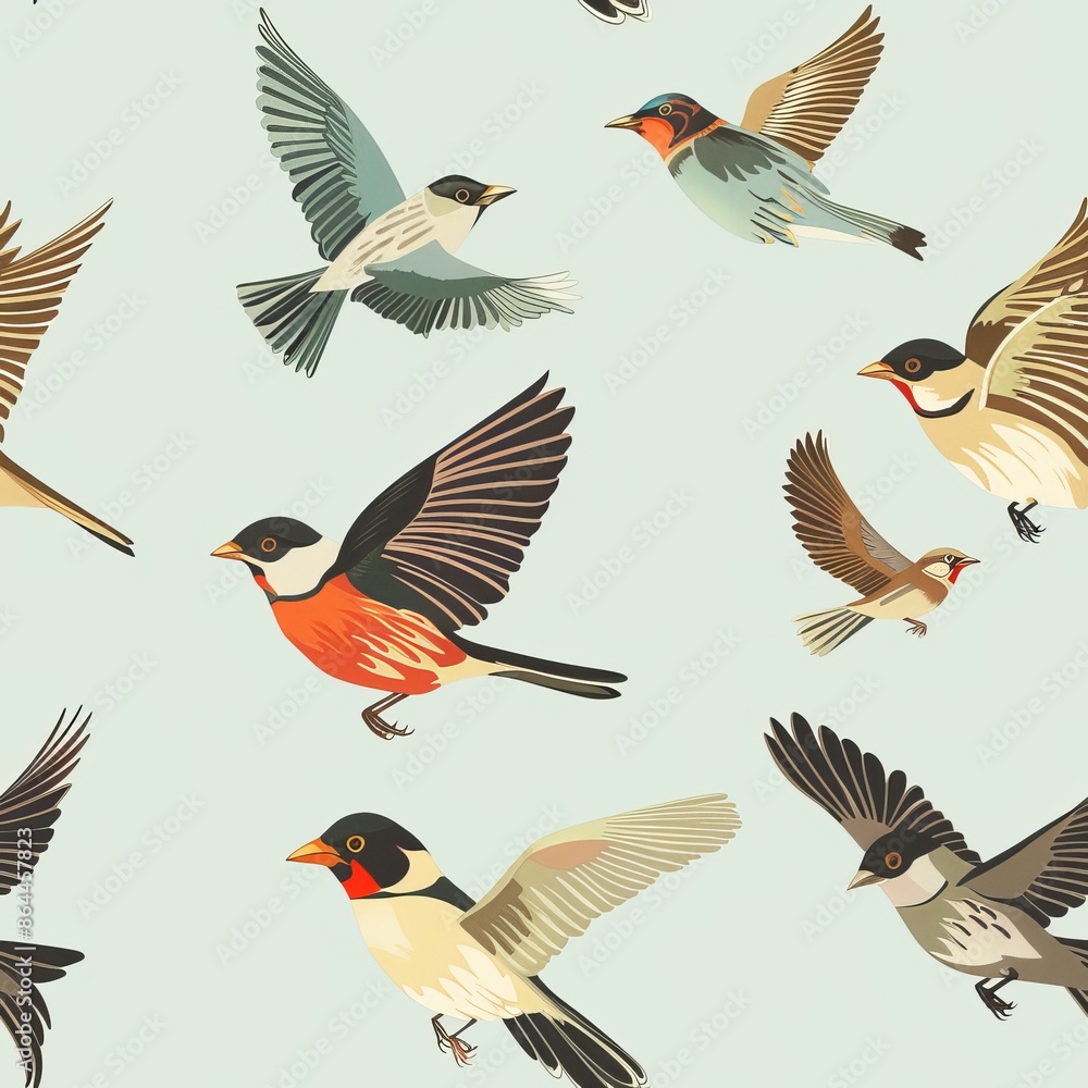 Obraz premium Colorful birds flying in a light blue sky pattern.