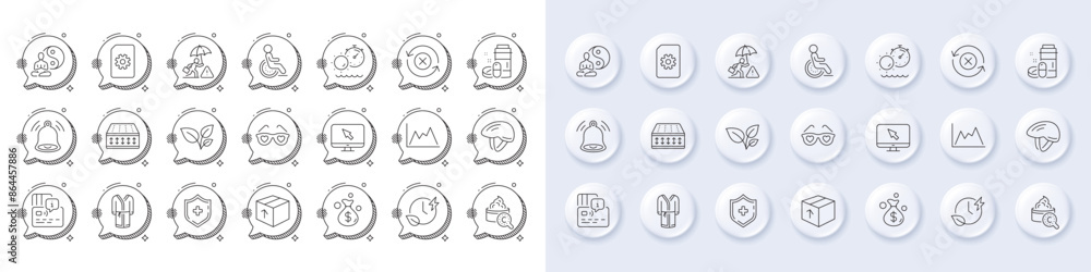 Diagram, Card and Collagen skin line icons. White pin 3d buttons, chat bubbles icons. Pack of Disability, Risk management, Flexible mattress icon. Bell alert, Internet, Package pictogram. Vector Diagram, Card and Collagen skin line icons. White pin 3d buttons, chat bubbles icons. Pack of Disability, Risk management, Flexible mattress icon. Bell alert, Internet, Package pictogram. Vector