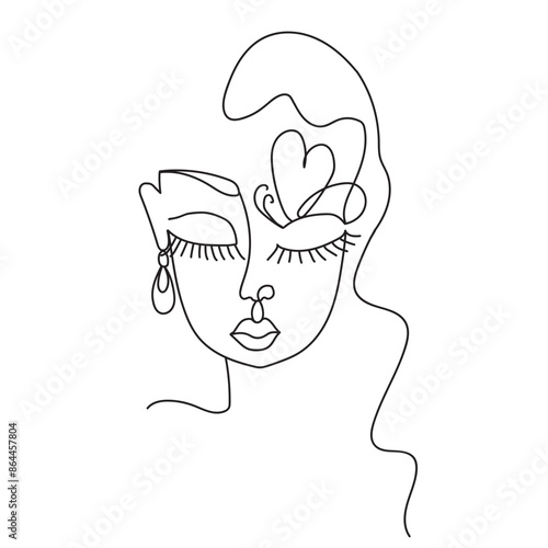 One line art drawing sketch of young woman girl isolated with waved curl hair on white.Organic cosmetics, beauty hair care, lashes and jewelry accessorize concept