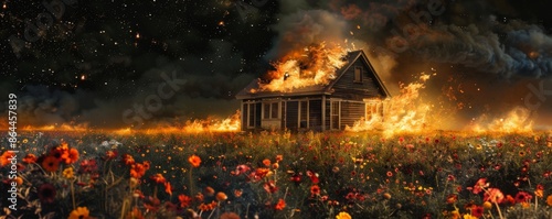 house on fire in a field of flowers, nighttime, dramatic scene concept photo