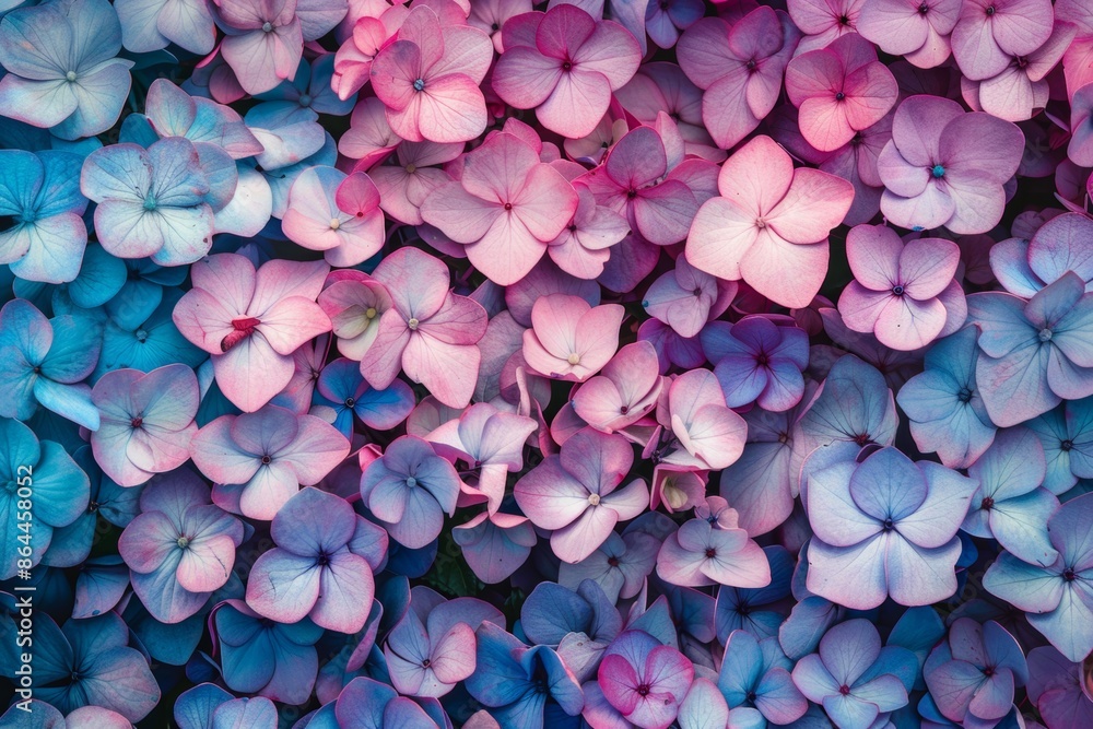 Ultra sharp photo capturing the vivid beauty of colorful hydrangea blooms from above, presenting Ultra sharp photo capturing the vivid beauty of colorful hydrangea blooms from above, presenting