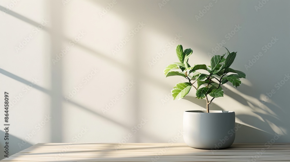 Fototapeta premium Potted plant on wooden table with sunlight and shadow play, minimalist interior design concept