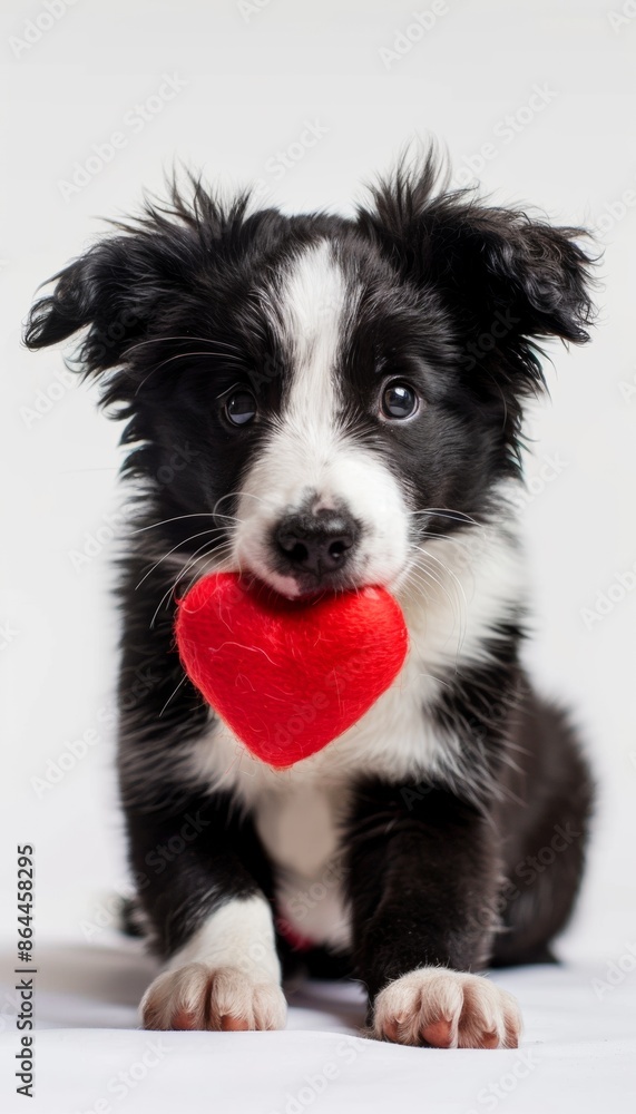 Fototapeta premium Ultra sharp photo featuring a cute Border Collie holding a red heart, perfect for Valentine's Day