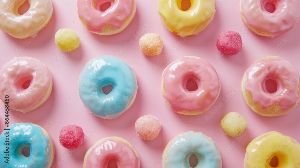 Ring-shaped mochi doughnuts with multi-colored glaze