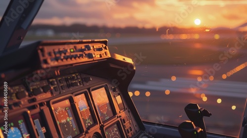 a close-up shot of a pilot’s cockpit during National Aviation Day, highlighting the intricate controls and gauges, with a view of the runway in the background. photo