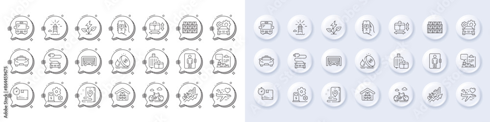 Car service, Elevator and Cardboard box line icons. White pin 3d buttons, chat bubbles icons. Pack of Bike, Lighthouse, Eco power icon. Taxi, Boxes shelf, Baggage pictogram. Vector Car service, Elevator and Cardboard box line icons. White pin 3d buttons, chat bubbles icons. Pack of Bike, Lighthouse, Eco power icon. Taxi, Boxes shelf, Baggage pictogram. Vector