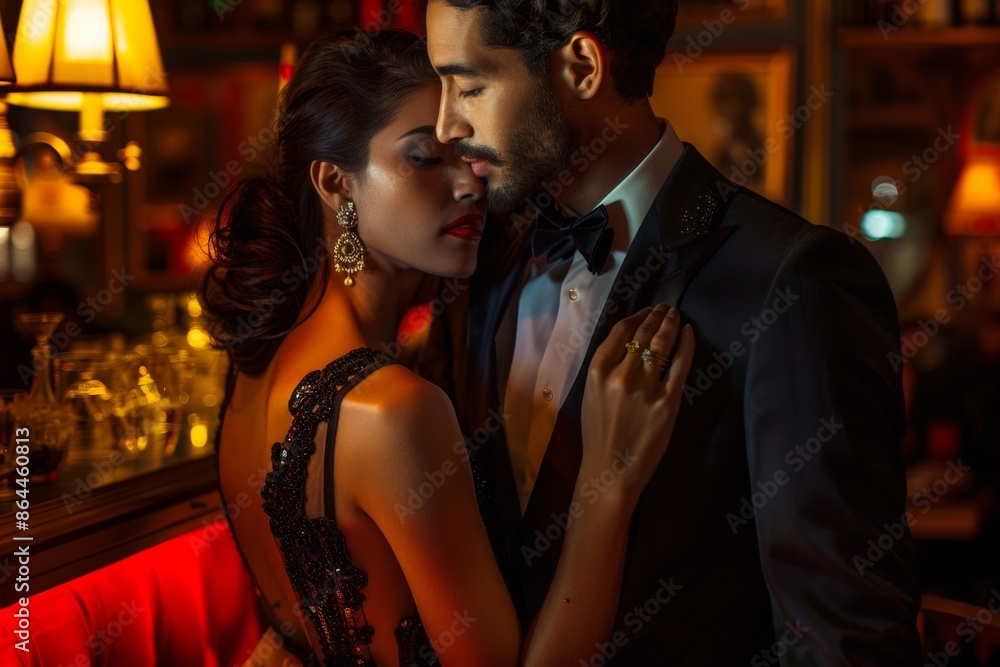 Ultra sharp photo capturing a passionately dressed couple in sophisticated evening attire during Ultra sharp photo capturing a passionately dressed couple in sophisticated evening attire during