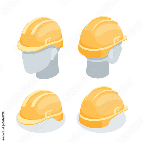 isometric vector construction helmet front and back view, in color on white background, protective work gear or headgear