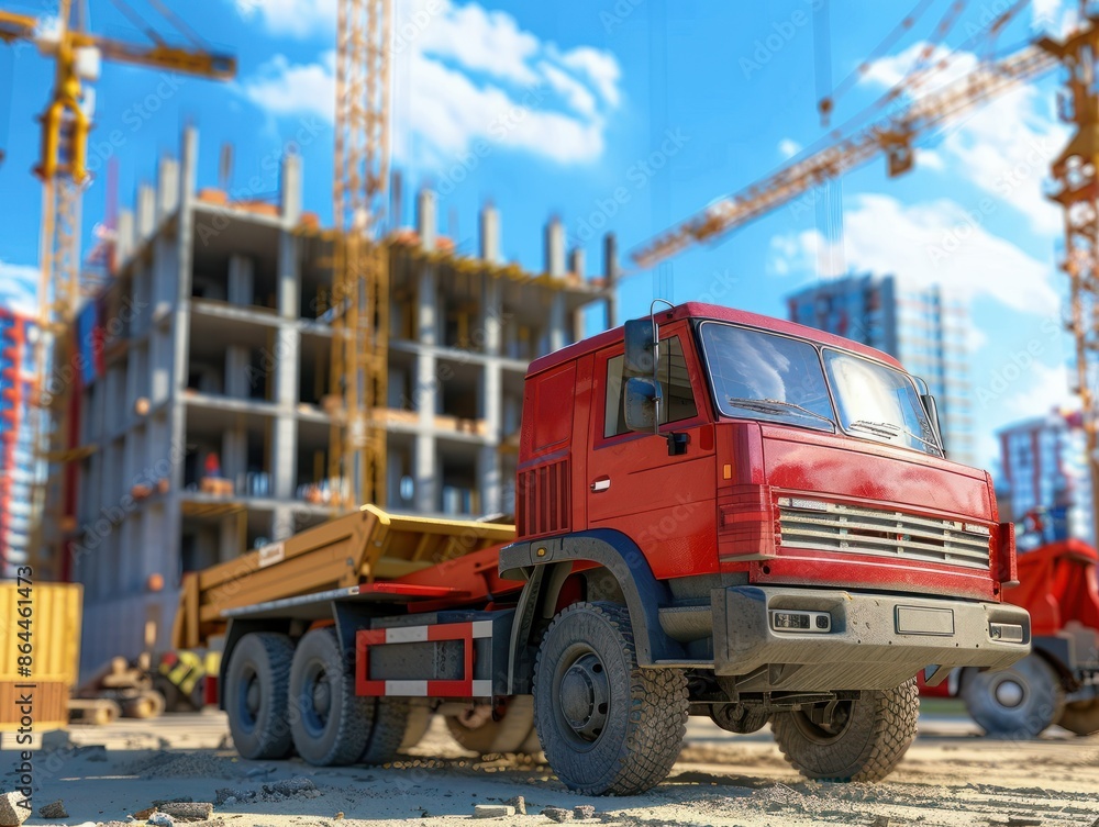 Obraz premium Crane trucks transporting mobile office buildings or container site offices for installation at construction site areas, aiding in project mobilization