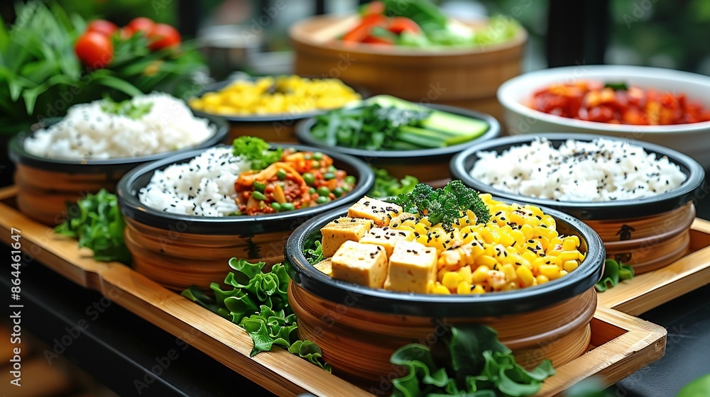 A close-up of a tray filled with bowls of rice and vegetables, alongside other plates of food A close-up of a tray filled with bowls of rice and vegetables, alongside other plates of food