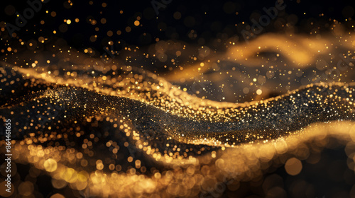 Golden dust shines and glitters like waves on a black background. It's a sparkling and shimmering decoration.