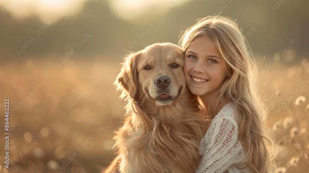 Young Girl in Field Hugging Golden Retriever on a Warm Sunlit Afternoon Young Girl in Field Hugging Golden Retriever on a Warm Sunlit Afternoon