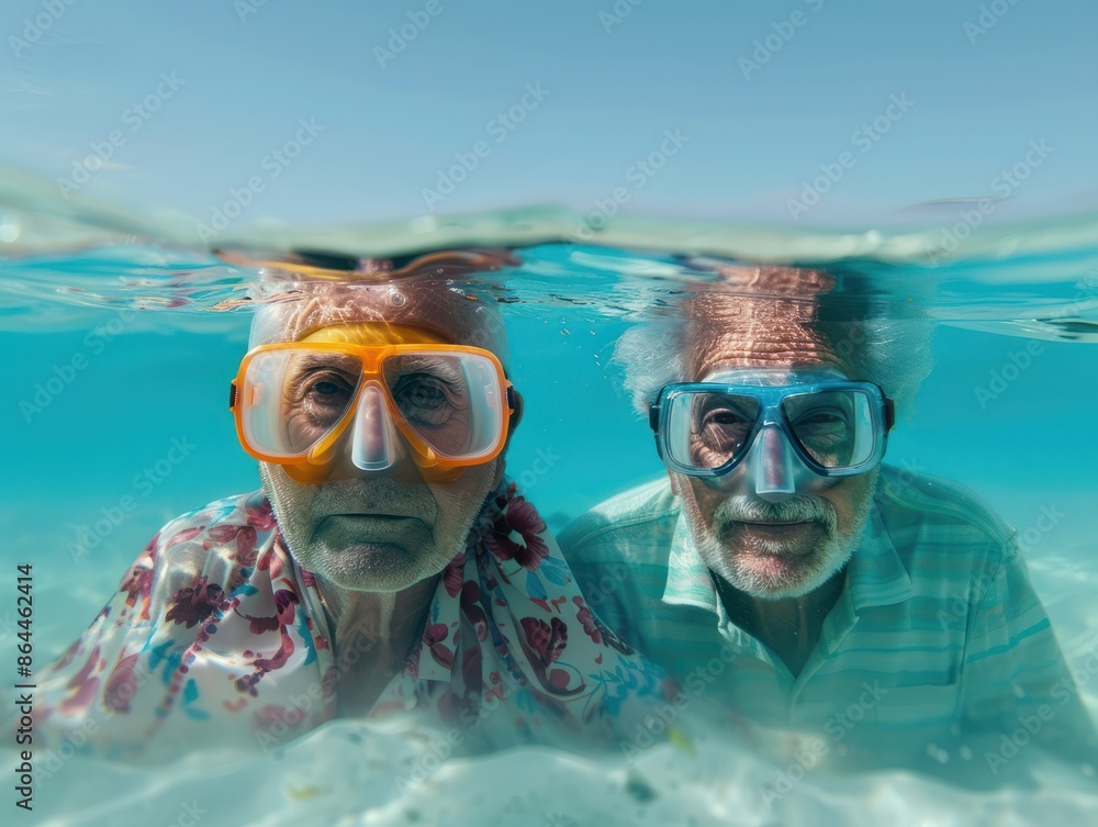 Naklejka premium grandparents on vacation enjoying their retirement submerged in the sea water