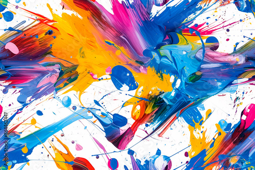 Dynamic explosion of blue, yellow, and red paint splashes creating a vibrant and energetic seamless pattern.