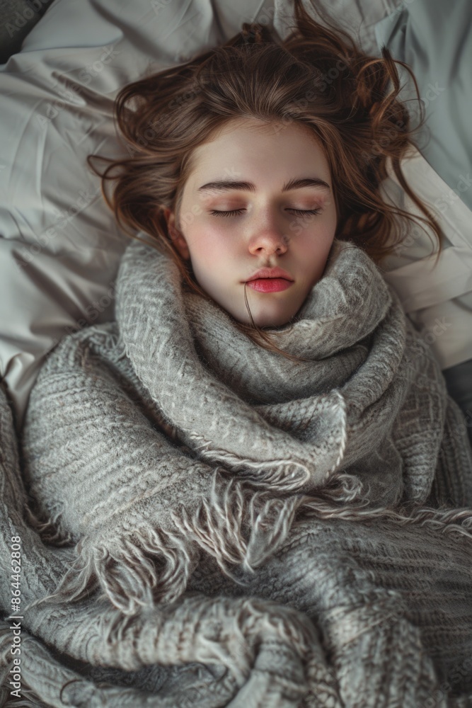A child is lying down on a bed wrapped with a blanket, sleeping peacefully A child is lying down on a bed wrapped with a blanket, sleeping peacefully
