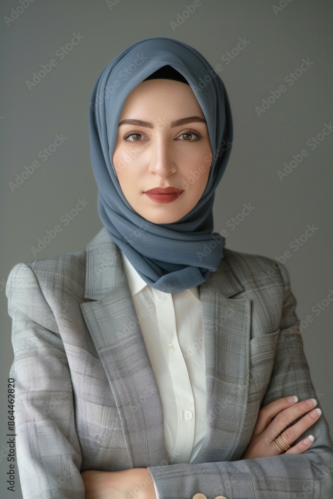 A woman wearing a hijab stands in front of a plain background, looking directly at the camera A woman wearing a hijab stands in front of a plain background, looking directly at the camera