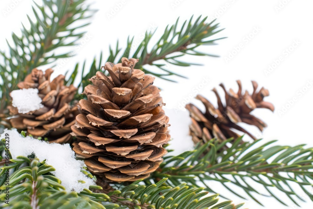 A Douglas fir tree with its cones against a pure white background A Douglas fir tree with its cones against a pure white background