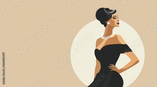 Flat vector illustration of a classy woman in an elegant black dress, standing poised with a pearl necklace, set against a minimal background