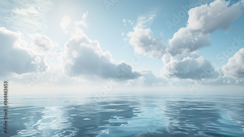 Serene sea or ocean with fluffy clouds floating above. photo