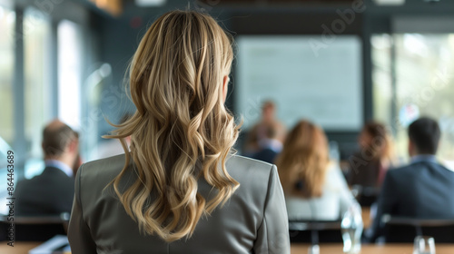 Various businessmen listen to female business leader during corporate meeting or training lecture. Rear view of woman in business attire speaking to people in modern business center. Panoramic view