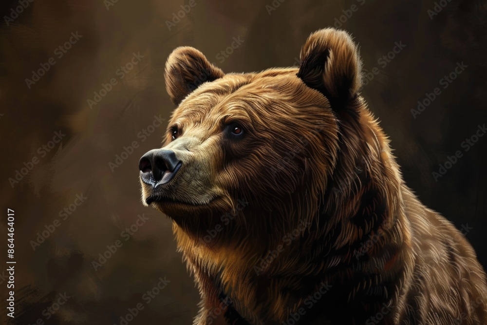 A close-up image of a large brown bear standing in front of a dark background A close-up image of a large brown bear standing in front of a dark background