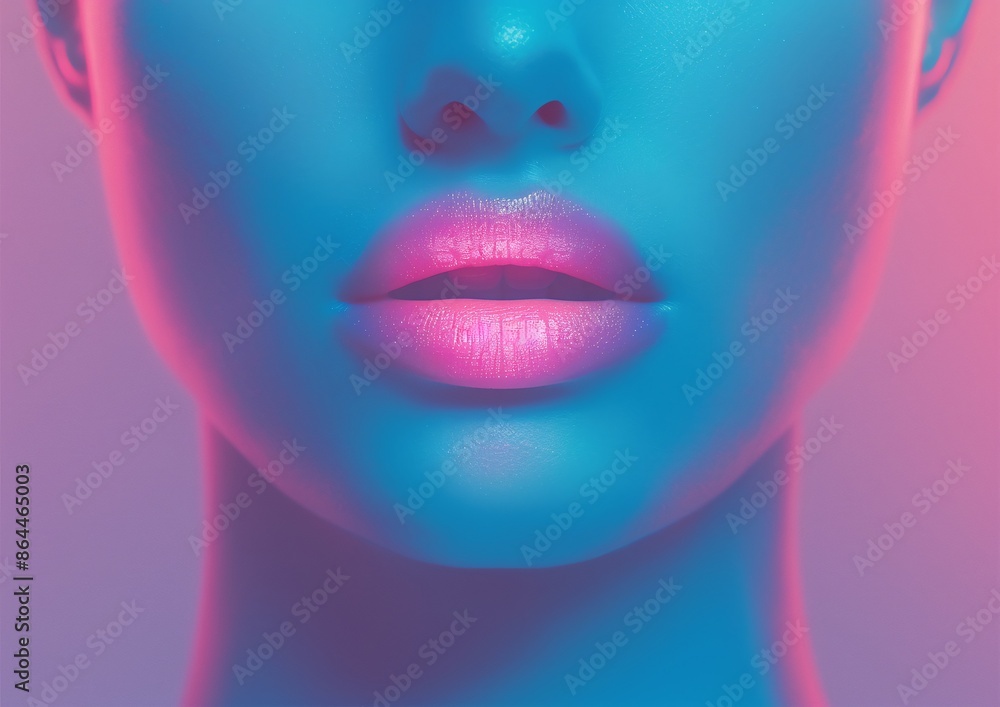 Fototapeta premium Neon Close-Up of Womans Lips with Pink Gloss and Futuristic Lighting