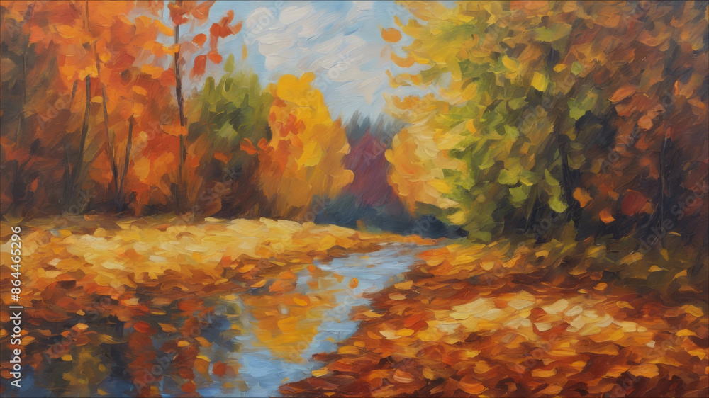 An oil painting depicting an autumn landscape. An oil painting depicting an autumn landscape.