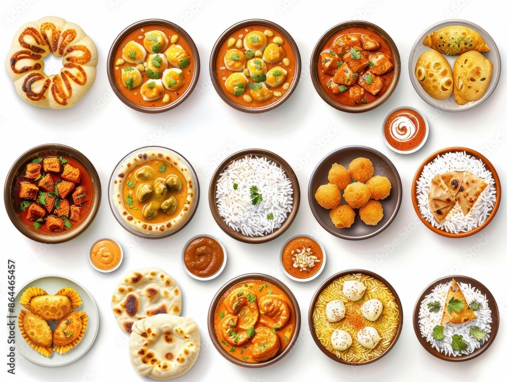 Top view collection of Indian foods isolated on a white background, including momos, butter chicken curry and rice, samosas, and pani puri Top view collection of Indian foods isolated on a white background, including momos, butter chicken curry and rice, samosas, and pani puri