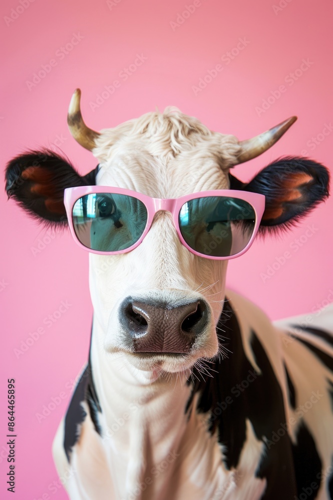 A cow wearing trendy sunglasses on a bright pink background A cow wearing trendy sunglasses on a bright pink background