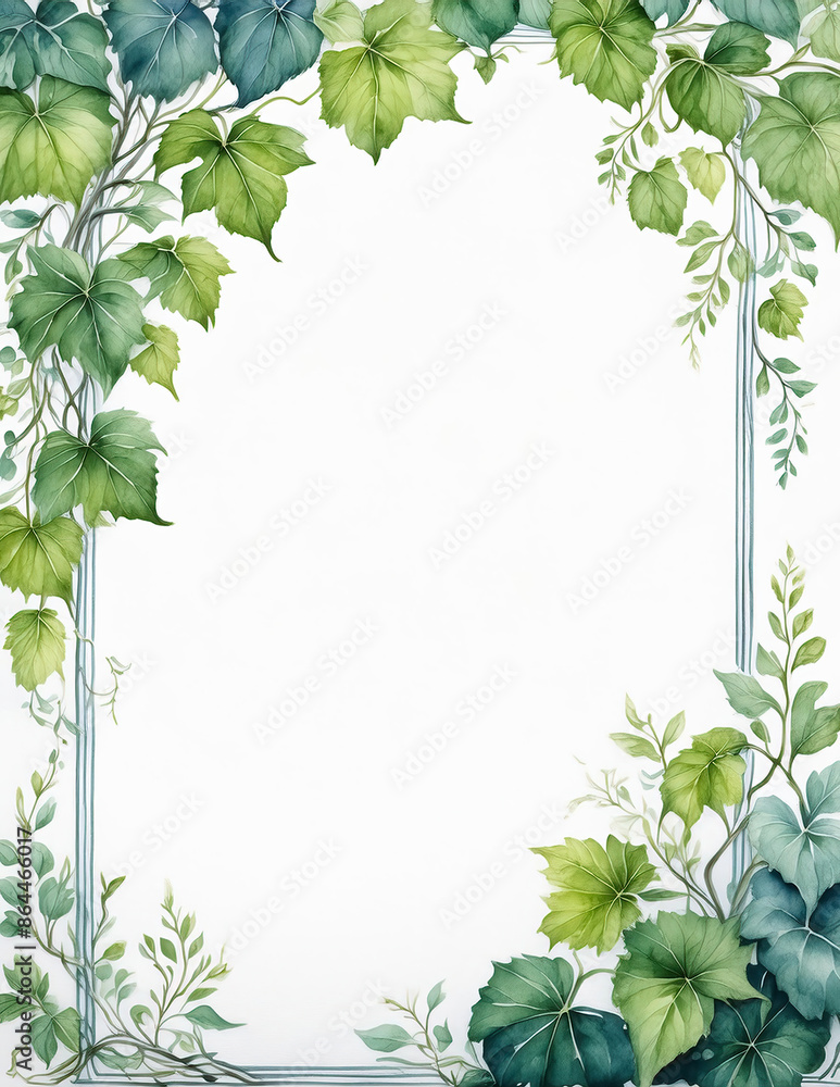 Fototapeta premium Vine and Leaf Watercolor Border Painting, Page Frame Trim, Graphic Resource