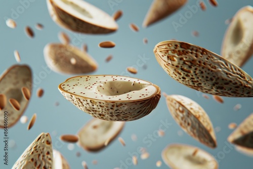 A group of bread pieces flying through the air