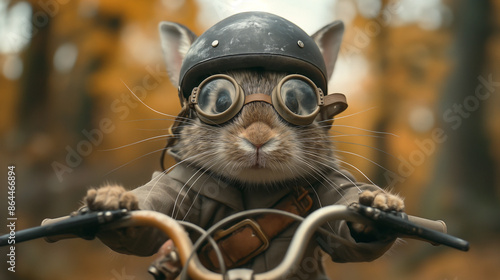 a cute Rabbit drives a bicycle, wearing a Helmet and vintage googles
