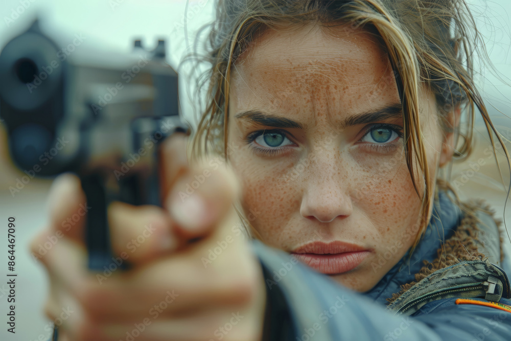 Close-Up of Woman Aiming Handgun Close-Up of Woman Aiming Handgun